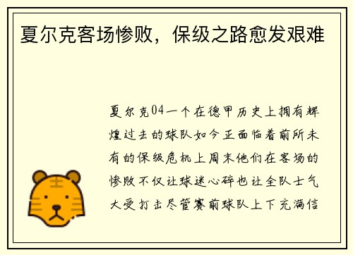 夏尔克客场惨败，保级之路愈发艰难
